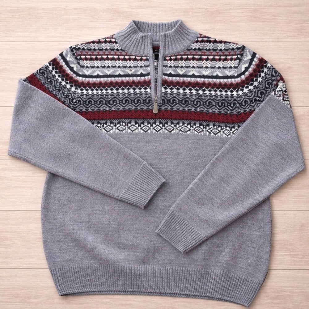 NWT i Jeans by Buffalo Lexington Gray Fair Isle Zip Pullover Sweater Mens MEDIUM